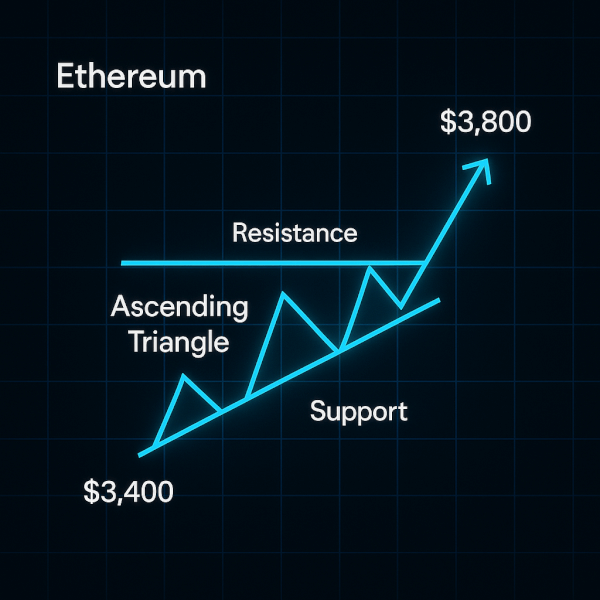 A modern & clean financial chart with a dark background and a glowing grid. The chart clearly illustrates an 'ascending triangle' pattern for Ethereum's price. A bright blue line representing the price is shown breaking out upwards from the pattern, heading towards a highlighted resistance level marked '$3,800'. Key support levels like '$3,400' are subtly marked below.