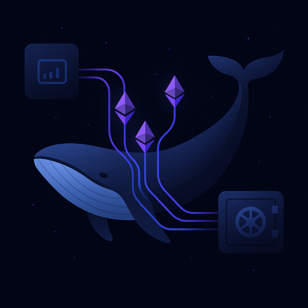 A modern & clean illustration depicting a large, stylized, abstract whale swimming in a dark digital space. The whale is pulling streams of glowing purple and blue Ethereum icons from a central hub representing an exchange towards a secure, futuristic vault, symbolizing the concept of whale accumulation and withdrawal to cold storage. The overall feel is sleek, minimalist, and technological.