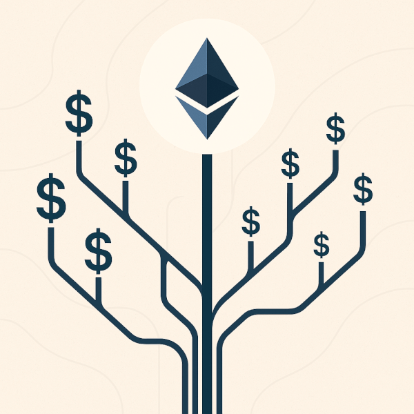 A modern & clean, abstract illustration of the Ethereum network's evolution. A central Ethereum icon branches out into multiple efficient, uncluttered data pathways representing Layer-2s after the Dencun upgrade. Along these new pathways, transaction fee icons (like a dollar sign) are shown shrinking in size, symbolizing lower costs and increased scalability for dApps.