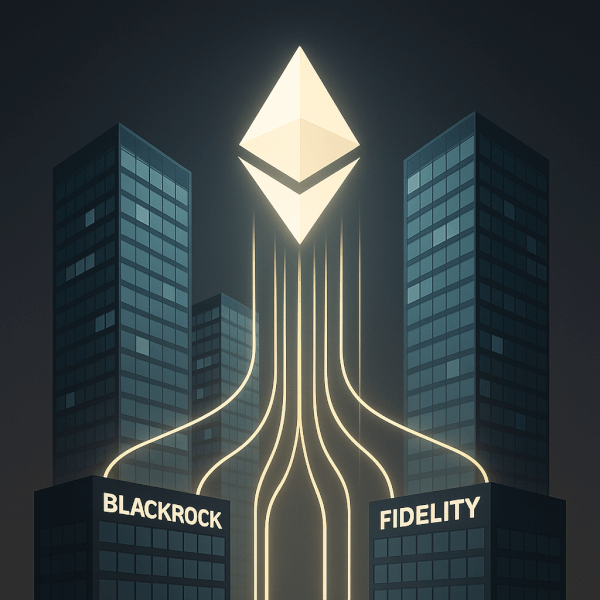 A modern & clean graphic showing several sleek, glass office buildings representing institutions like BlackRock and Fidelity. From these buildings, clean, glowing lines of light flow and converge into a large, central, and luminous Ethereum logo. This visual represents the regulated flow of institutional capital into Ethereum via spot ETFs. The background is a dark, professional gradient.