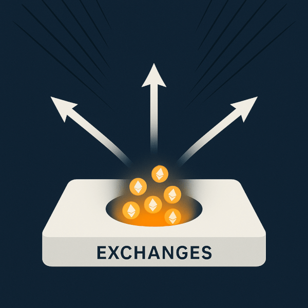 A modern & clean, abstract visualization of an Ethereum supply shock. In the center, a platform labeled 'Exchanges' has a visibly shrinking pool of glowing Ethereum coins. Arrows point outwards from the pool, indicating withdrawals. The diminishing supply creates a visual tension, with abstract pressure lines converging on the shrinking pool, signifying a supply squeeze.